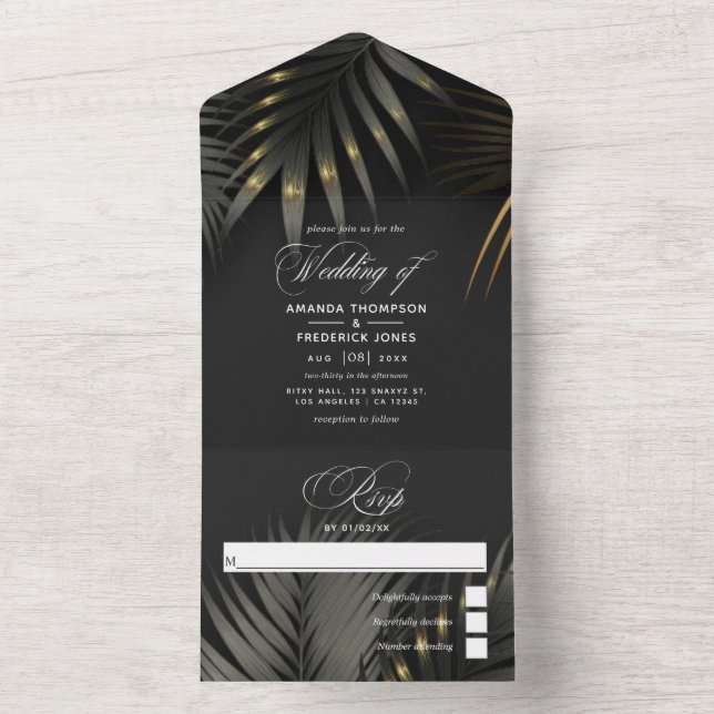 Black and Gold Tropical Beach Wedding All In One I Invitation (Inside)