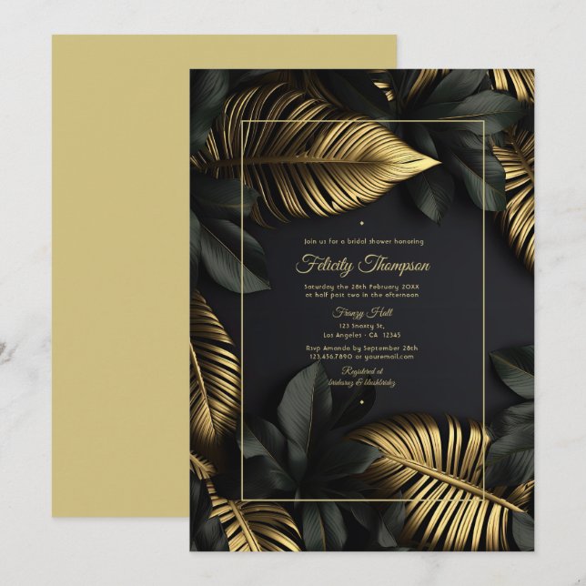 Black and Gold Tropical Bridal Shower Invitation (Front/Back)