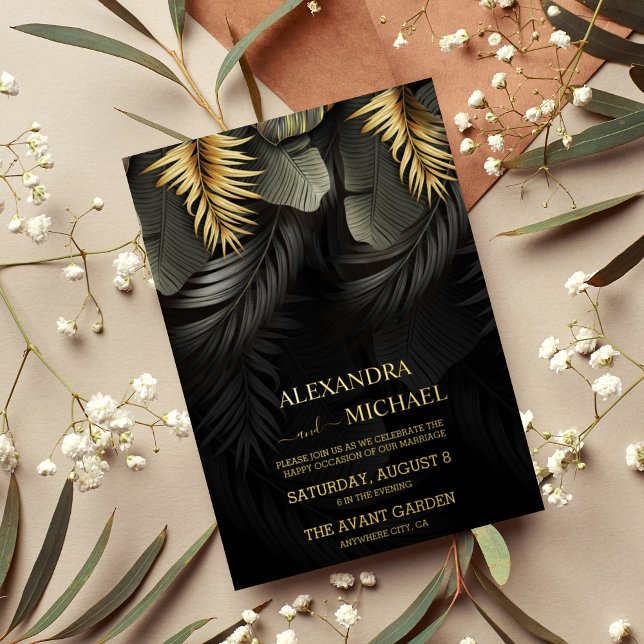 Black and Gold Tropical Destination Wedding Foil I Foil Invitation (Creator Uploaded)