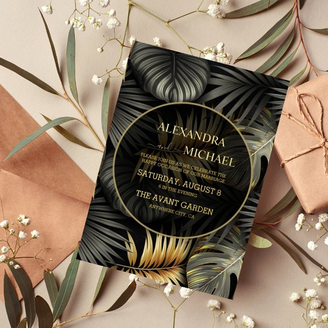 Black and Gold Tropical Destination Wedding Invita Foil Invitation (Creator Uploaded)