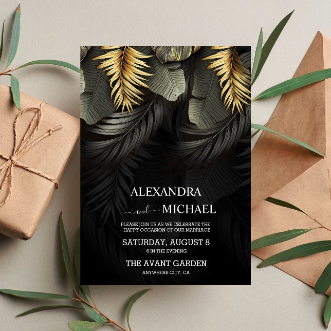 Black and Gold Tropical Destination Wedding Invita Invitation (Creator Uploaded)