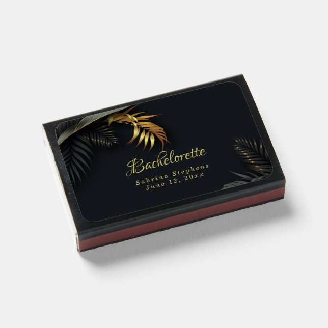 Black and Gold Tropical Fern Bachelorette Matchbox Matchboxes (Front Closed)