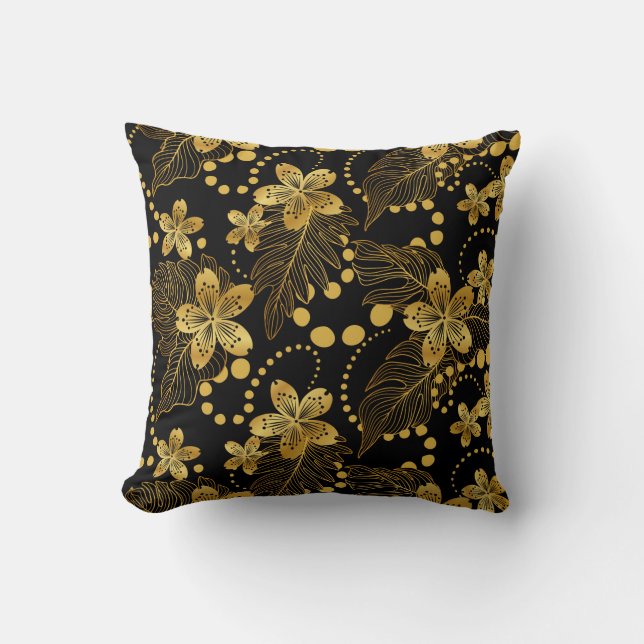 Black and gold tropical flowers and leaves pattern throw pillow (Front)