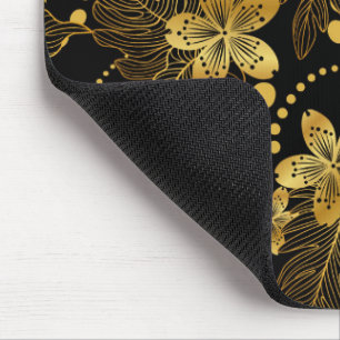 Black and gold tropical flowers & leaves pattern mouse pad