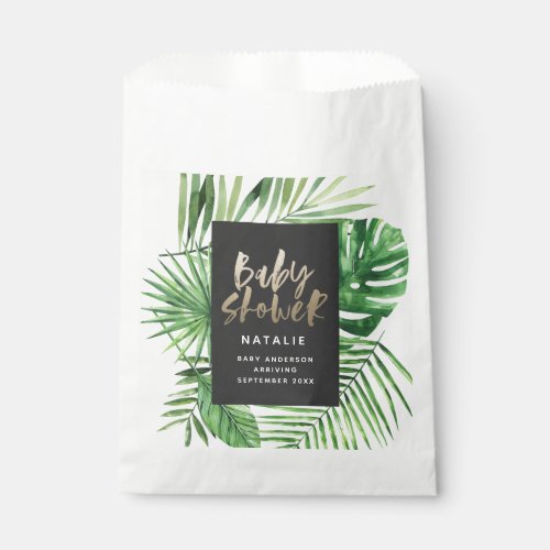 Black and gold tropical foliage modern baby shower favor bag