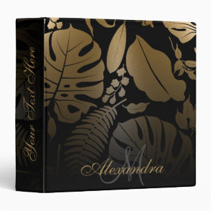Black and Gold Tropical Leaves 3 Ring Binder