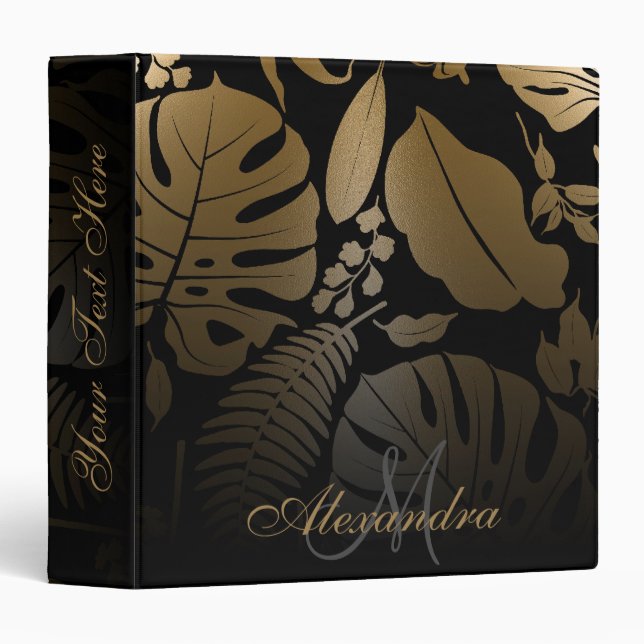 Black and Gold Tropical Leaves 3 Ring Binder (Front/Spine)