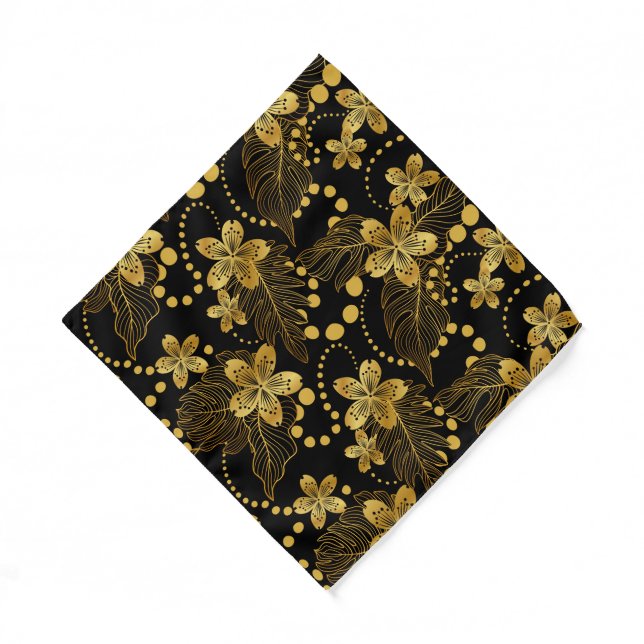 Black and gold Tropical leaves and flowers pattern Bandana (Front)