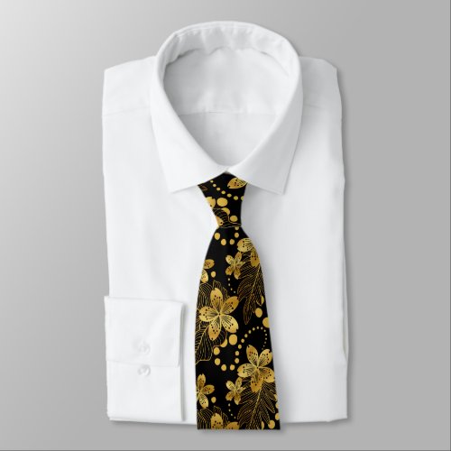 Black and gold Tropical leaves and flowers pattern Neck Tie