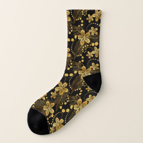 Black and gold Tropical leaves and flowers pattern Socks