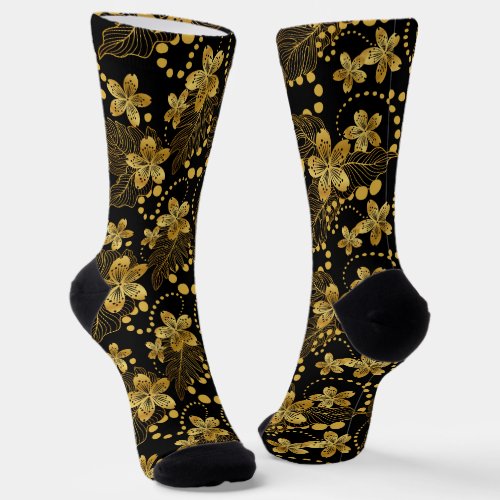 Black and gold Tropical leaves and flowers pattern Socks