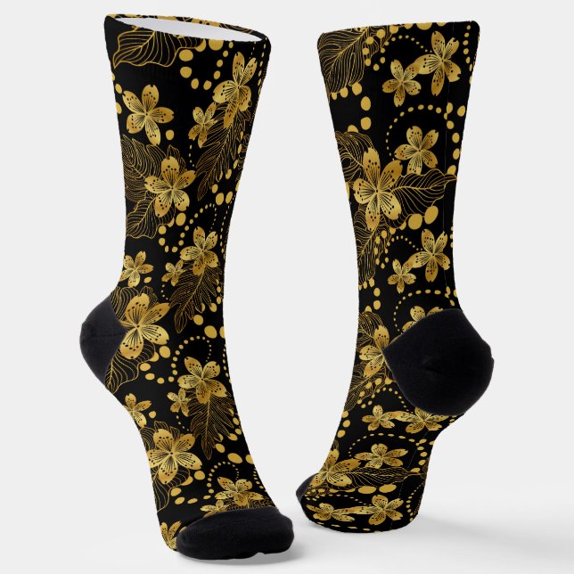 Black and gold Tropical leaves and flowers pattern Socks (Angled)