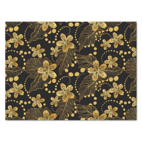 Black and gold Tropical leaves and flowers pattern Tissue Paper