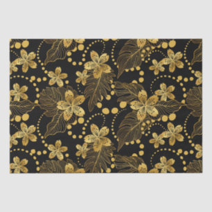 Black and gold Tropical leaves and flowers pattern Tissue Paper