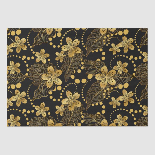 Black and gold Tropical leaves and flowers pattern Tissue Paper (Front)