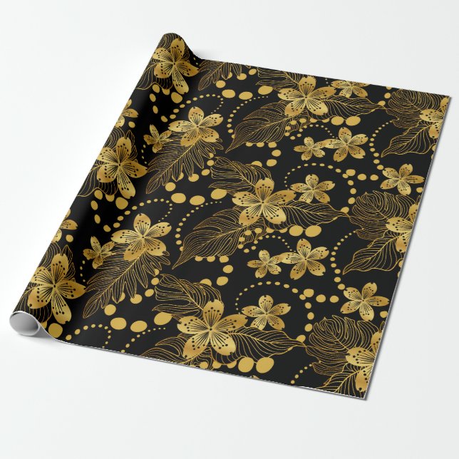 Black and gold Tropical leaves and flowers pattern Wrapping Paper (Unrolled)