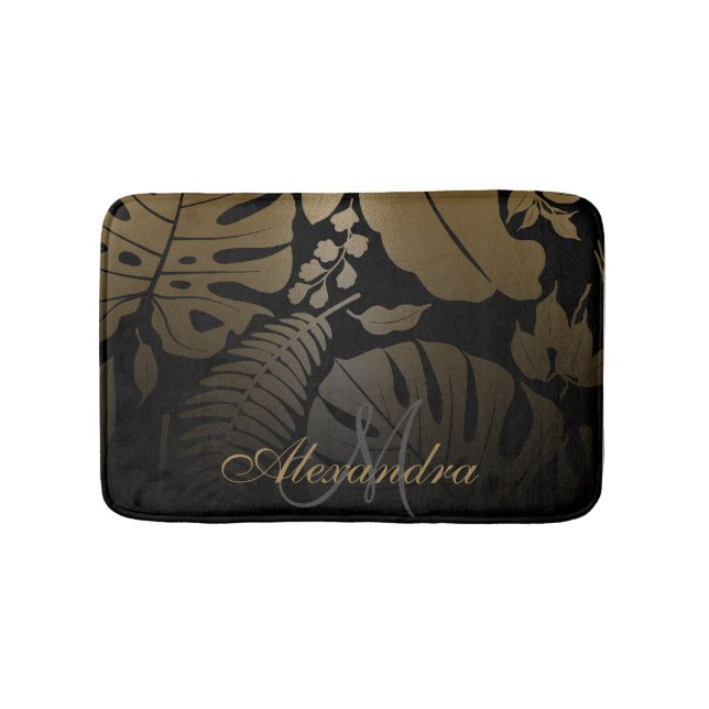 Black and Gold Tropical Leaves Bath Mat (Front)
