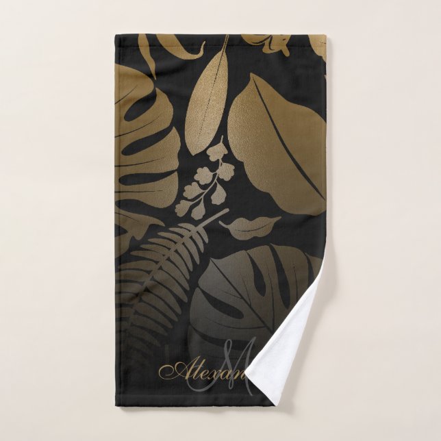 Black and Gold Tropical Leaves Bath Towel Set (Hand Towel)