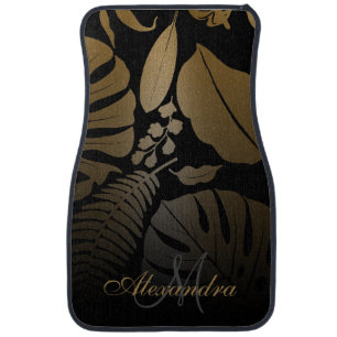 Black and Gold Tropical Leaves Car Floor Mat