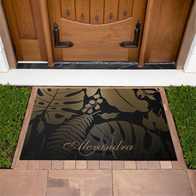 Black and Gold Tropical Leaves Doormat (Outdoor)
