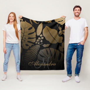 Black and Gold Tropical Leaves Fleece Blanket
