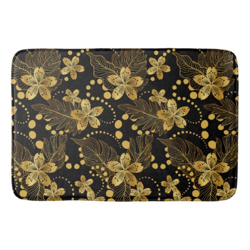 Black and gold Tropical leaves  flowers pattern Bath Mat