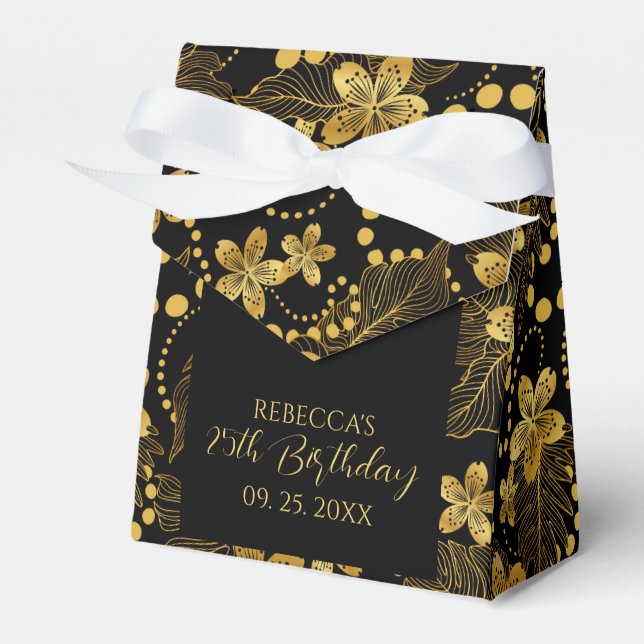 Black and gold Tropical leaves & flowers pattern Favor Boxes (Front Side)