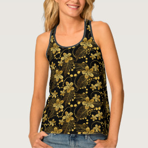 Black and gold Tropical leaves & flowers pattern Tank Top