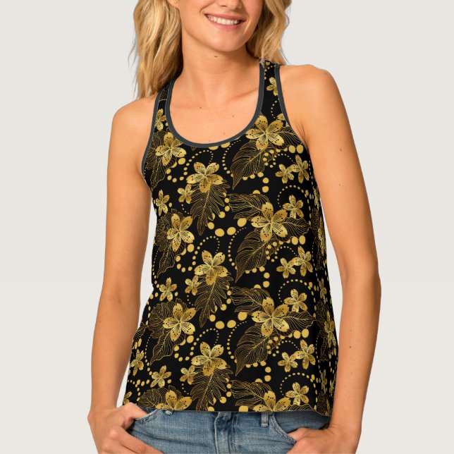 Black and gold Tropical leaves & flowers pattern Tank Top (Front)