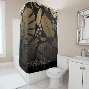 Black and Gold Tropical Leaves Shower Curtain