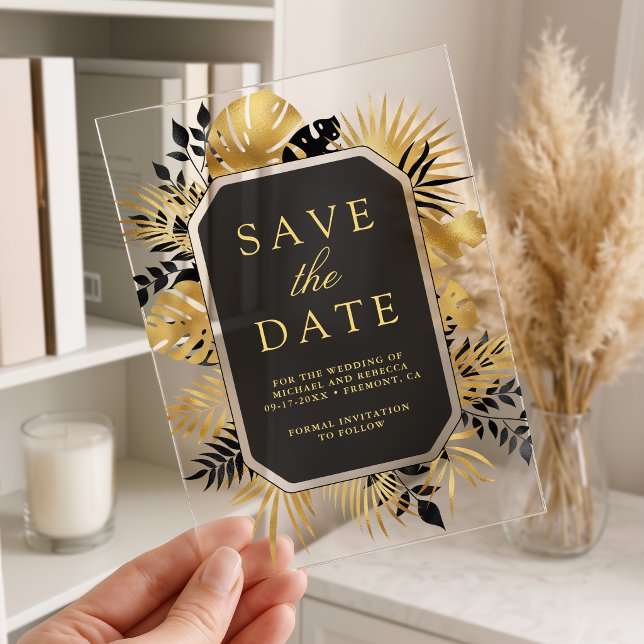Black and Gold Tropical Palm Wedding Save the Date (Creator Uploaded)