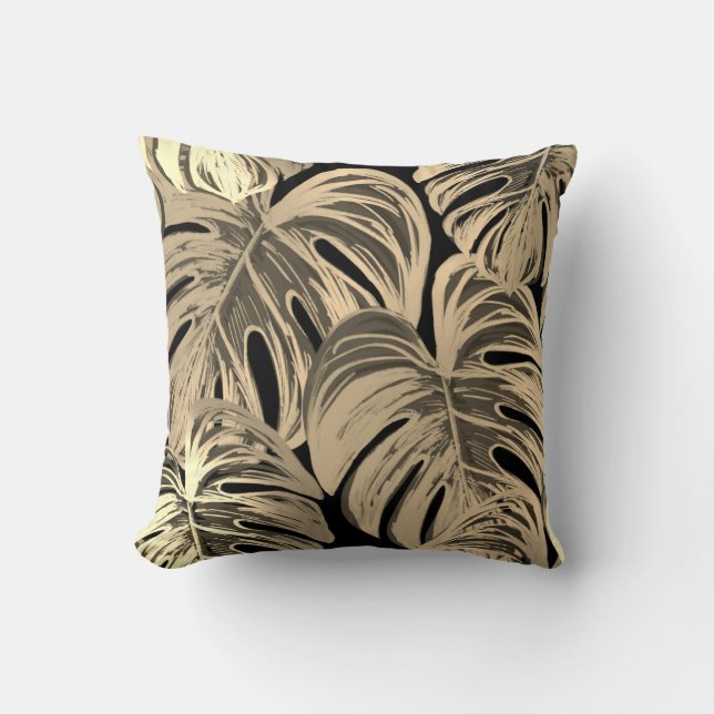 Black and Gold Tropical Palms Throw Pillow (Front)