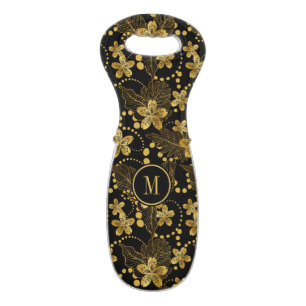 Black and gold tropical pattern wine bag