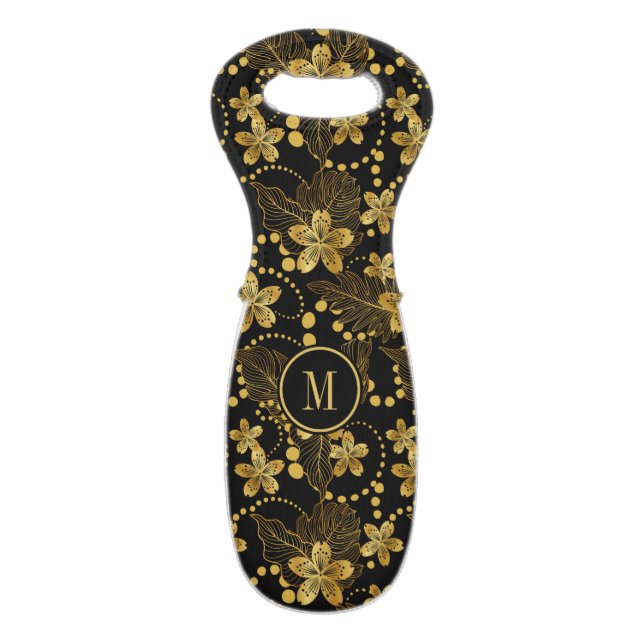 Black and gold tropical pattern wine bag (Back Flat)