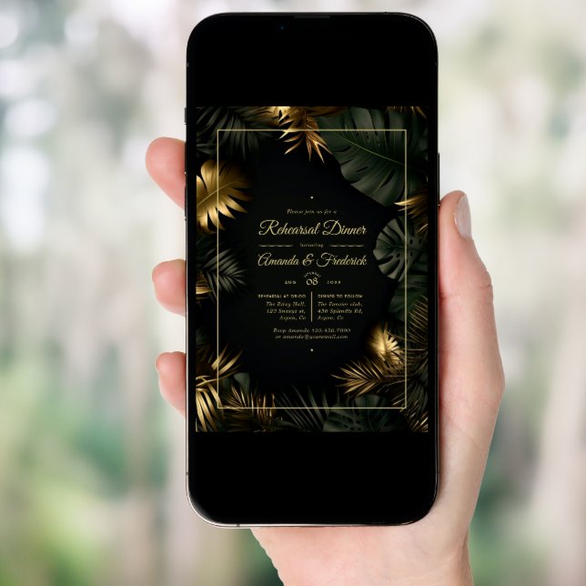 Black and Gold Tropical Rehearsal Dinner Invitation (Front Digital)