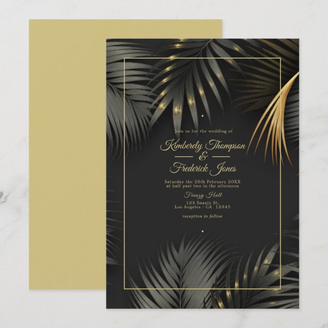 Black and Gold Tropical Wedding Invitation (Front/Back)