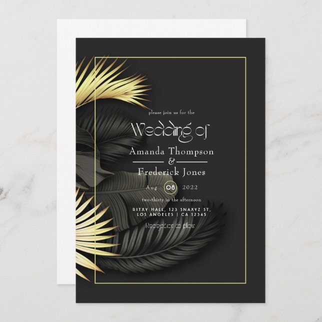 Black and Gold Tropical Wedding Invitation (Front/Back)