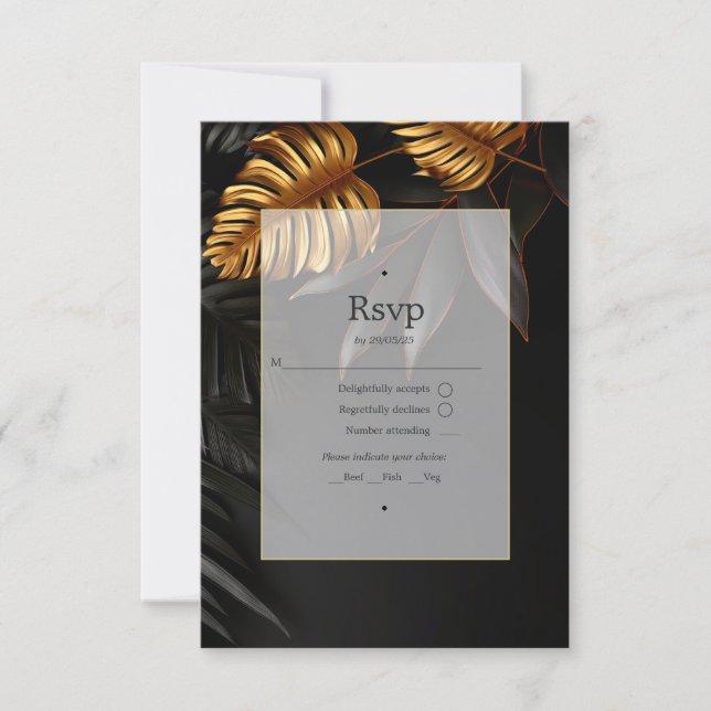 Black and Gold Tropical Wedding RSVP Card (Front)