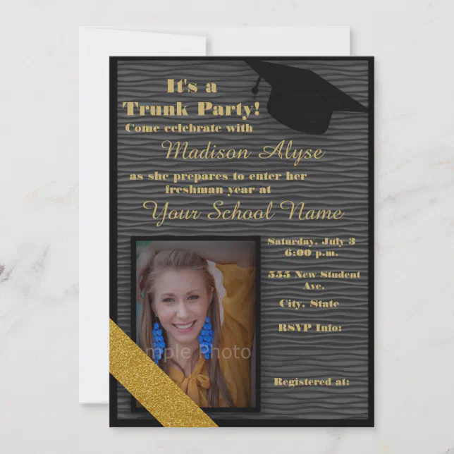 Black and Gold Trunk College Party Photo Invitation | Zazzle