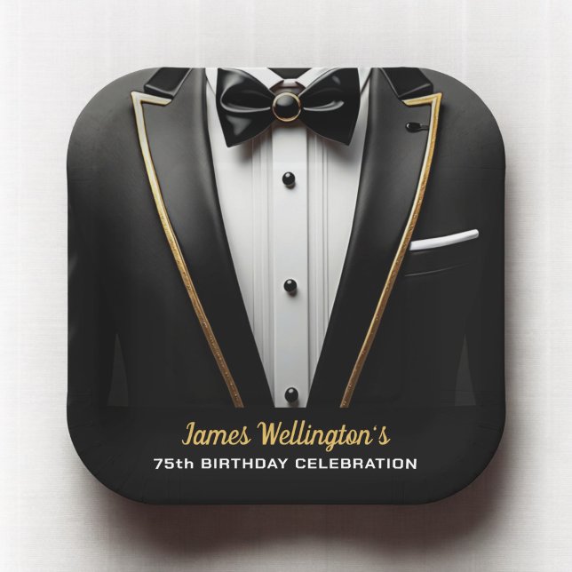 Black and Gold Tuxedo Birthday Event Paper Plates (Creator Uploaded)
