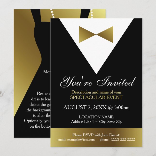 Black and Gold Tuxedo Invitations | Elegant Party (Front/Back)