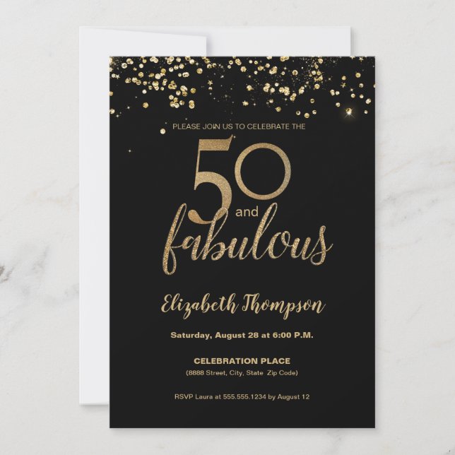 Black and gold typography 50 and fabulous invitation (Front)