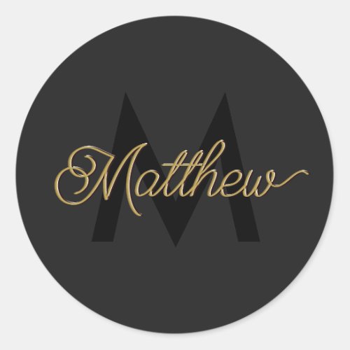 Black and Gold Typography Add Name  Monogram Mens Classic Round Sticker