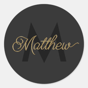 Black and Gold Typography Add Name & Monogram Mens Classic Round Sticker
