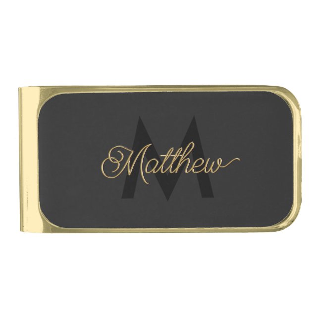 Black and Gold Typography Add Name & Monogram Mens Gold Finish Money Clip (Front)