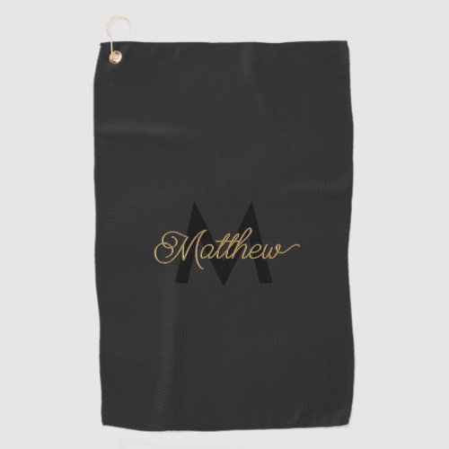 Black and Gold Typography Add Name  Monogram Mens Golf Towel