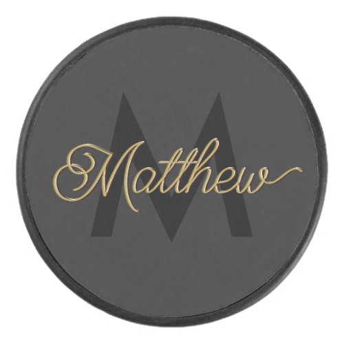 Black and Gold Typography Add Name  Monogram Mens Hockey Puck