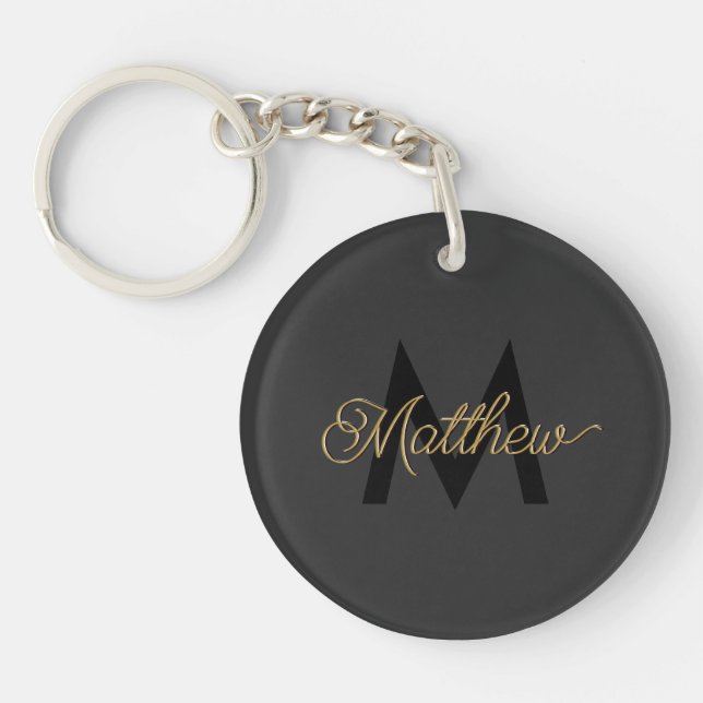 Black and Gold Typography Add Name & Monogram Mens Keychain (Front)