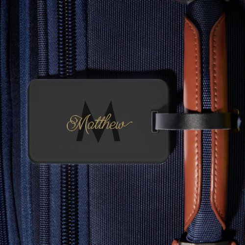 Black and Gold Typography Add Name  Monogram Mens Luggage Tag
