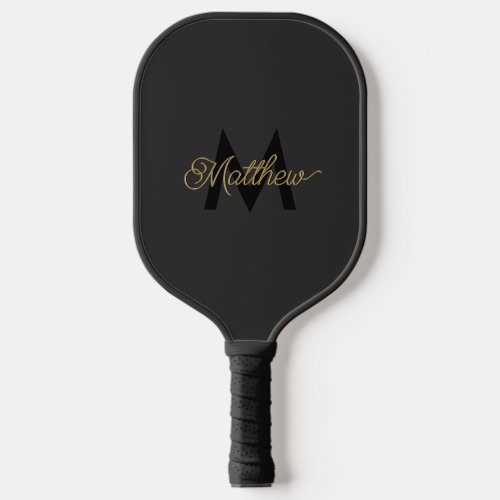 Black and Gold Typography Add Name  Monogram Mens Pickleball Paddle